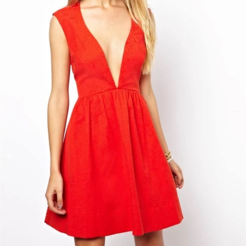 ASOS Red open back tule lined plunge dress